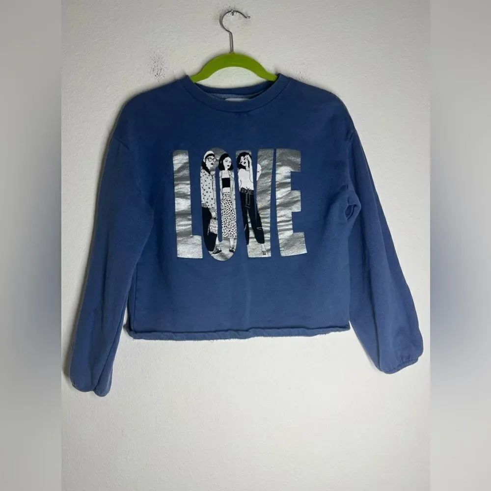 Zara Girls Love Sweatshirt Size 13-14 Blue Long Sleeve